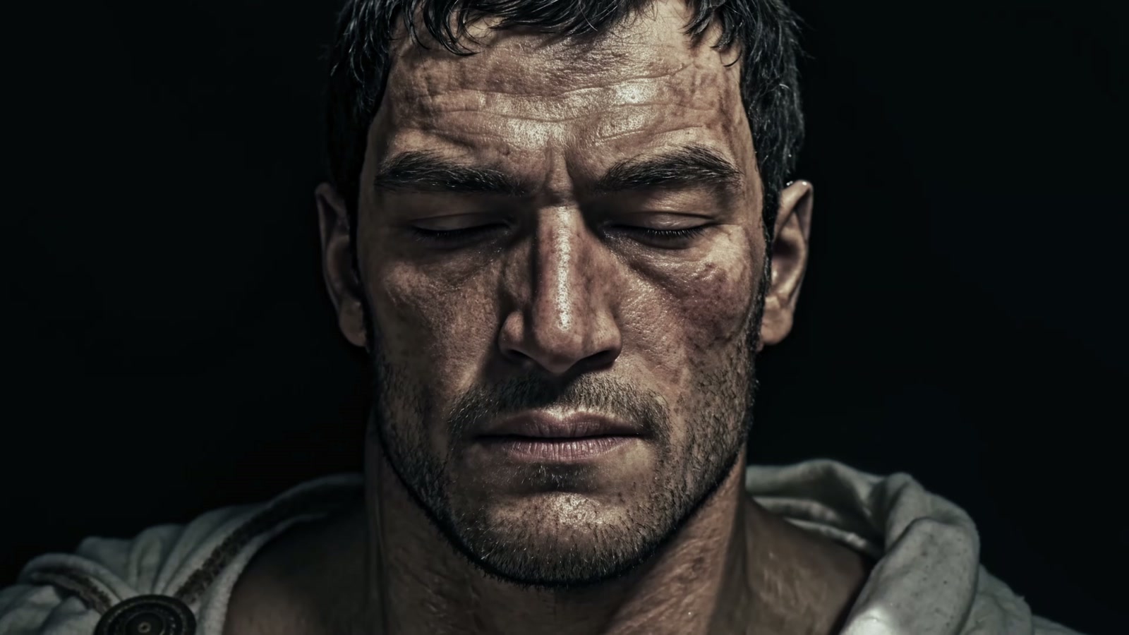 The second warrior, eyes closed, suspended in dark water